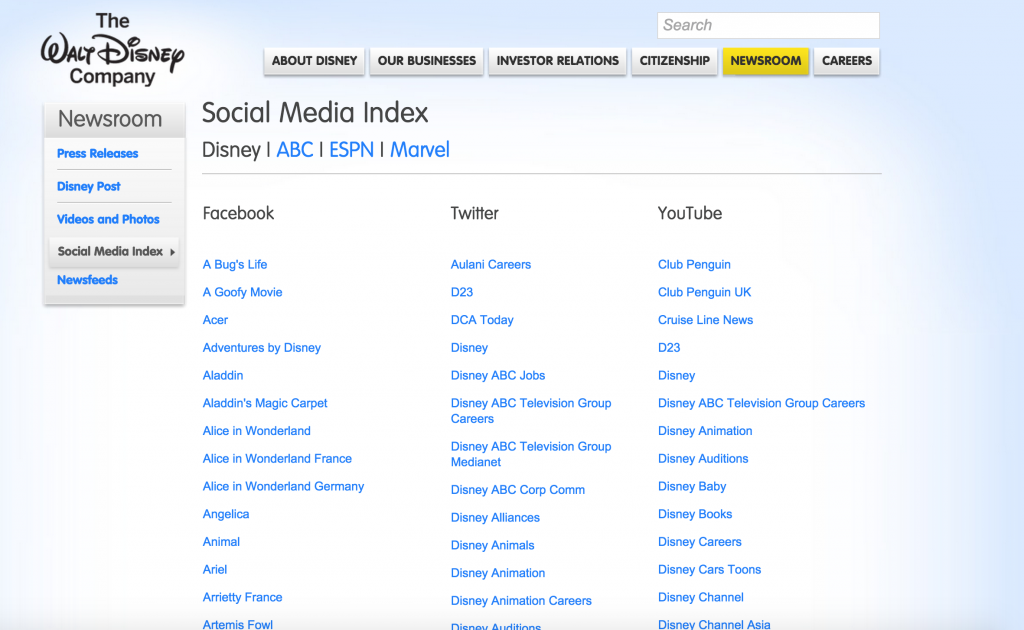 Disney's Global Landing Page with all the social media handles 