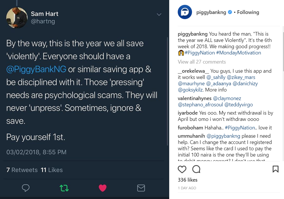 Image of Sam Hart tweeting about 'Saving Violently' using Piggybank
