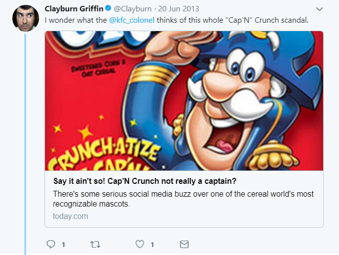 Tweet about Cap'n Crunch by Clayburn Griffin