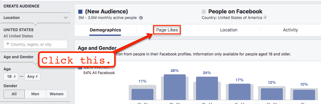 Image of Facebook Audience showing where to click for Page Likes