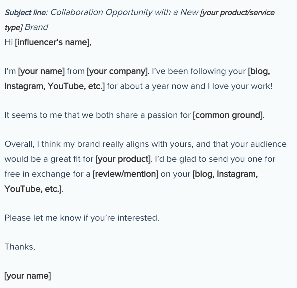 An email example of a template, used for product gifting, a form of instagram influencer marketing.