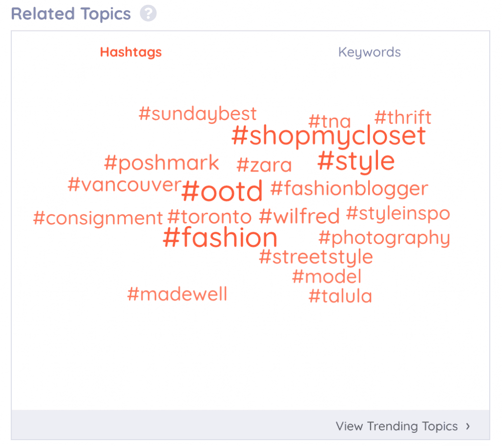 A screenshot of the related topics tool, highlighting the relevant hashtags feature in Keyhole.