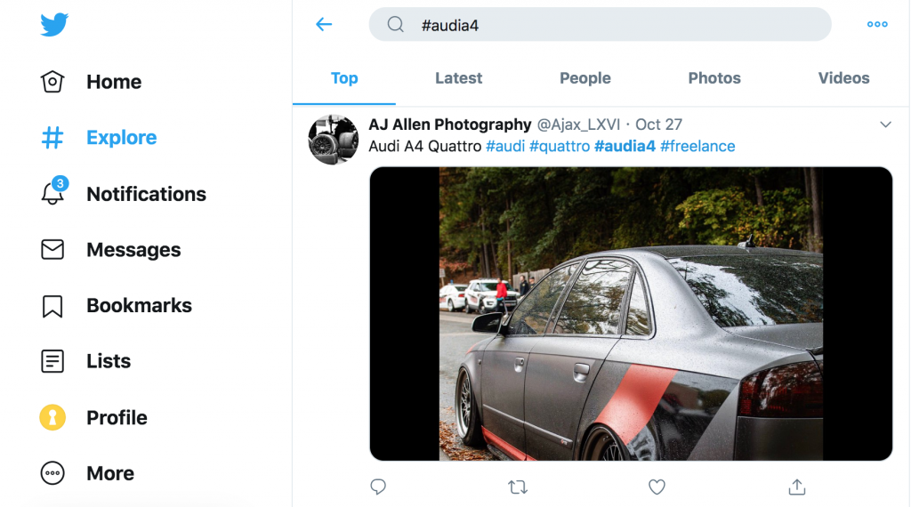 Using the Audi twitter hashtag to identify influencers who talk about audi.