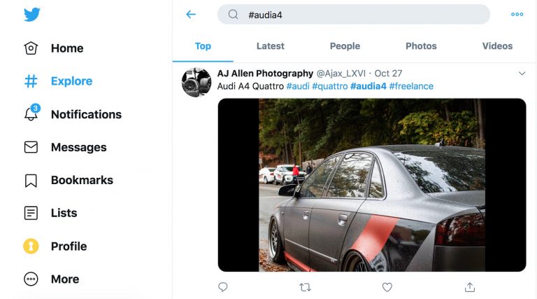 Using the Audi twitter hashtag to identify influencers who talk about audi.