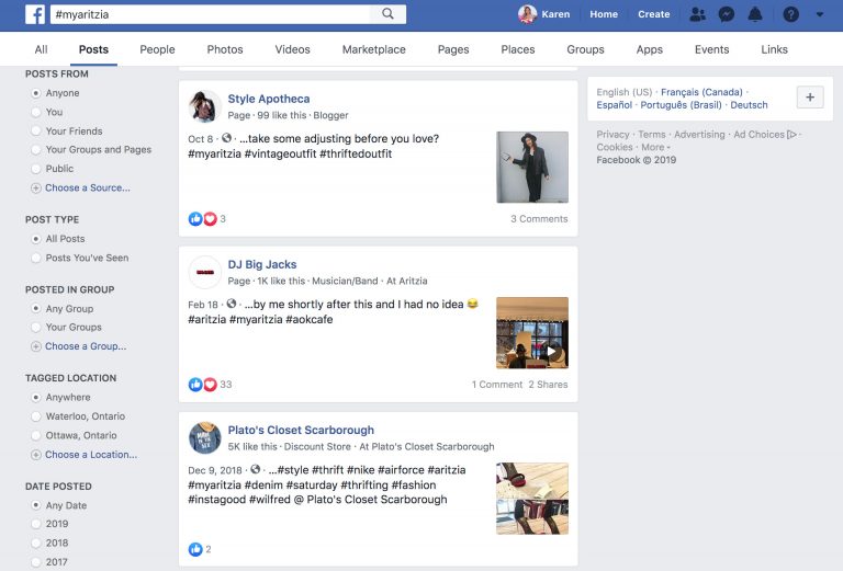 Using the Aritzia facebook hashtag to identify influencers who talk about aritzia